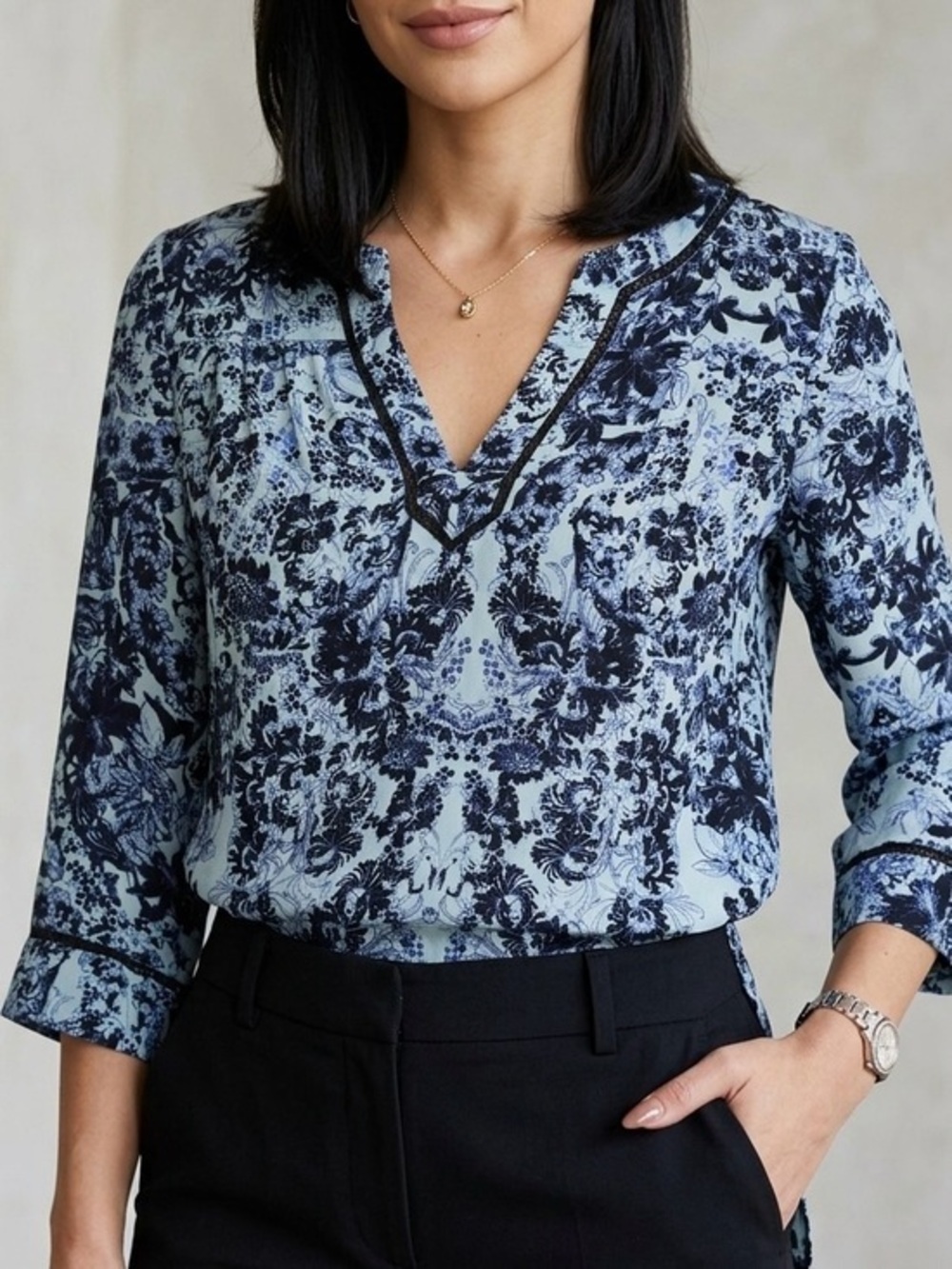 REBECCA TAYLOR Kiku Print Floral Silk Blouse Blue Black 8